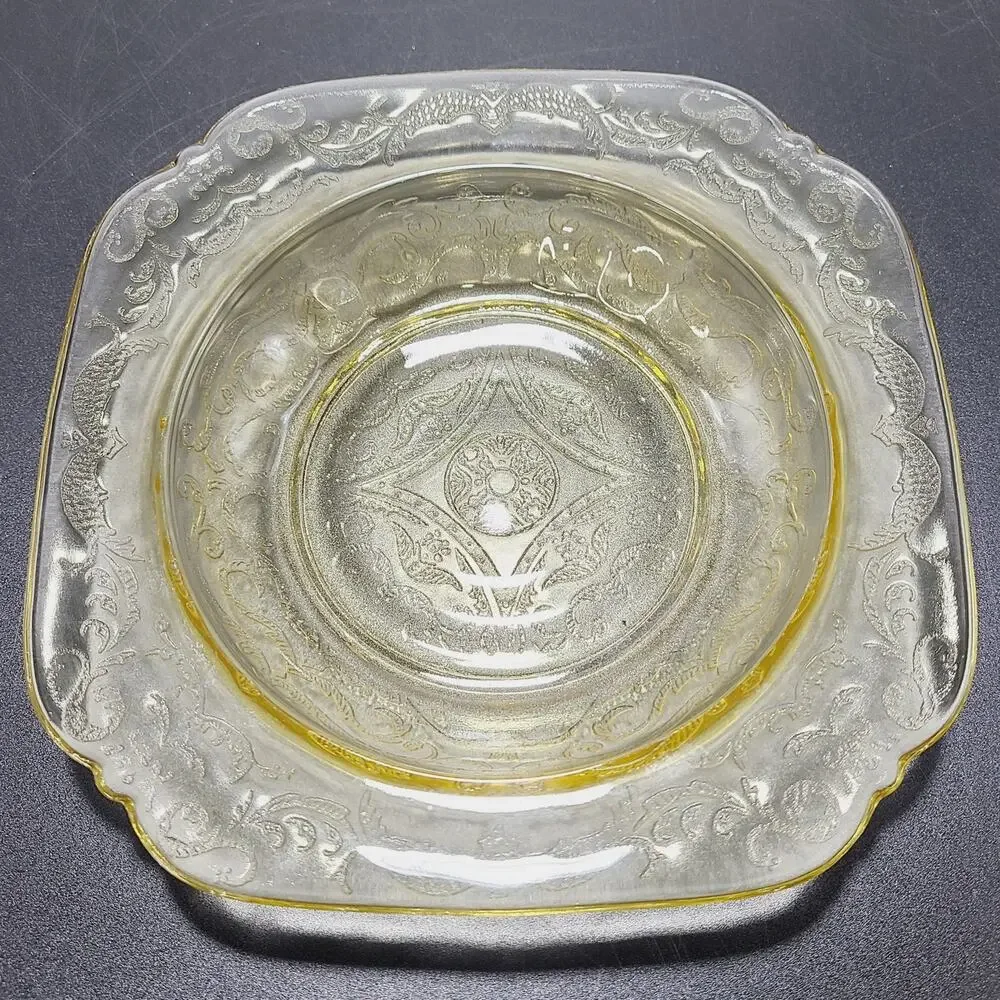 AMBER YELLOW DEPRESSION GLASS FEDERAL MADRID Square Jam Dish 7